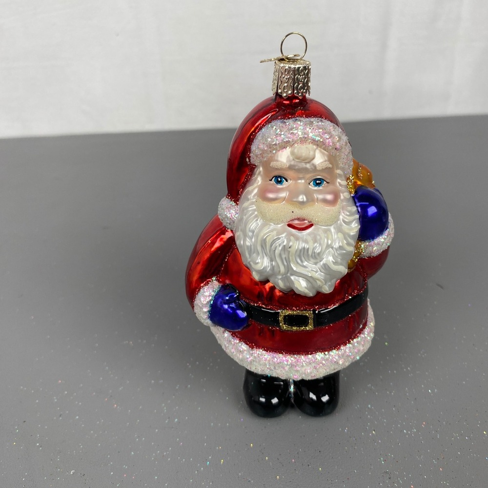 Retired Old World Christmas Santa Glass Glitter Ornament Red Suit W/ Toy Bag
